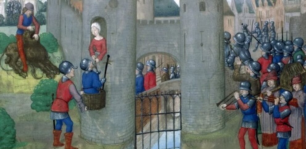 Peinture médiévale de l'histoire biblique de Rahab et des deux espions.