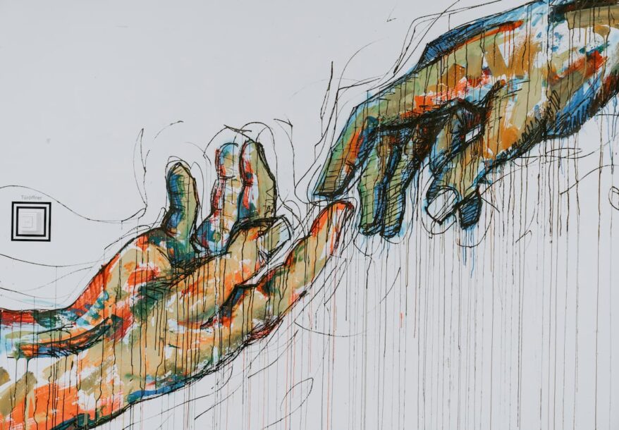 Dessein de deux mains qui tentent de se rejoindre, évoquant un acte de réconciliation.